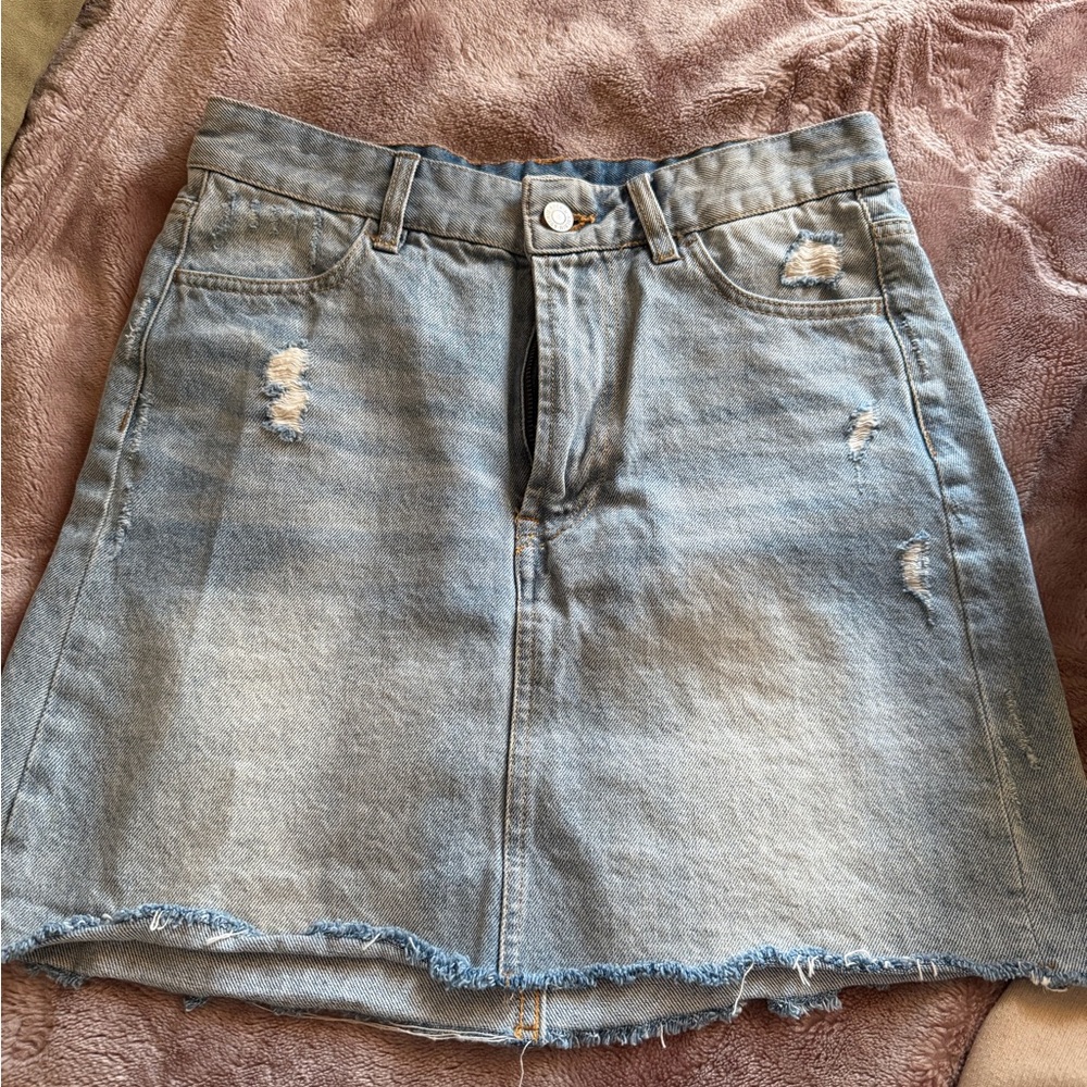 H&M Light Blue Distressed Denim Mini Skirt